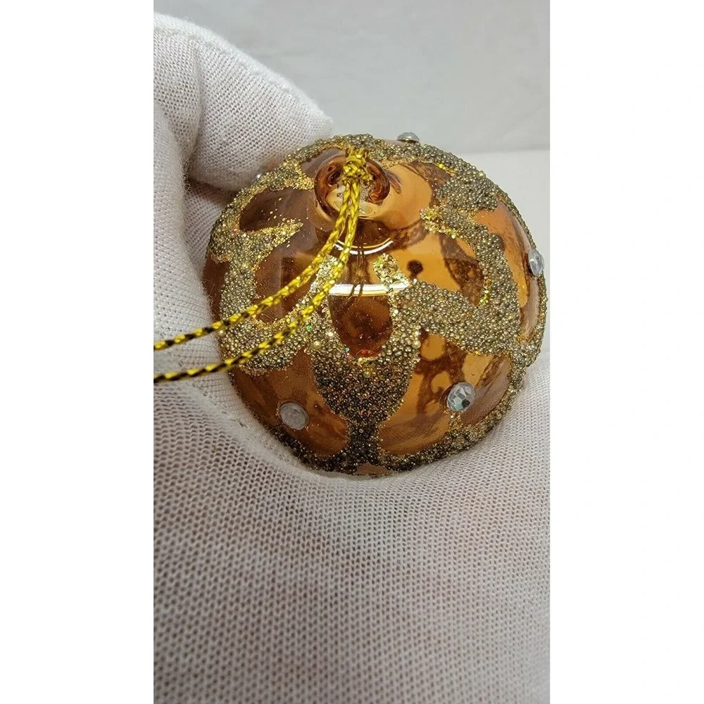 Vintage Poland Glass Pinecone Ornament Brown Gold Glitter Rhinestone 630t 1980